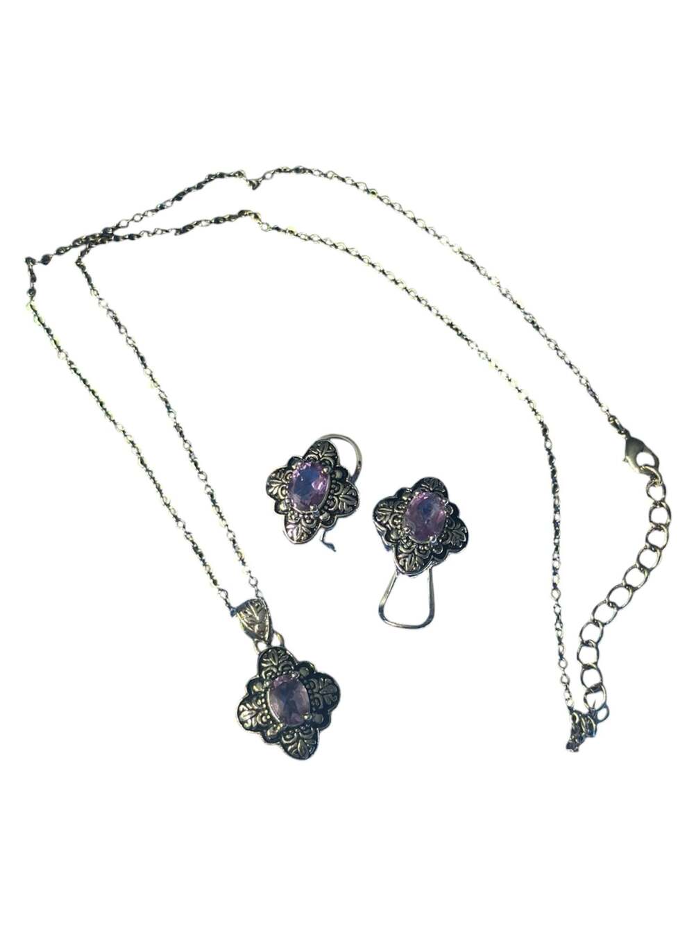Sterling Silver Amethyst Scroll Quatrefoil Necklace and Earring Set Boho Style